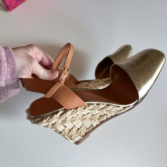 Tory Burch Metallic Gold Leather Closed Toe High Espadrille 95mm Wedge Heels 8 M - Picture 5 of 10